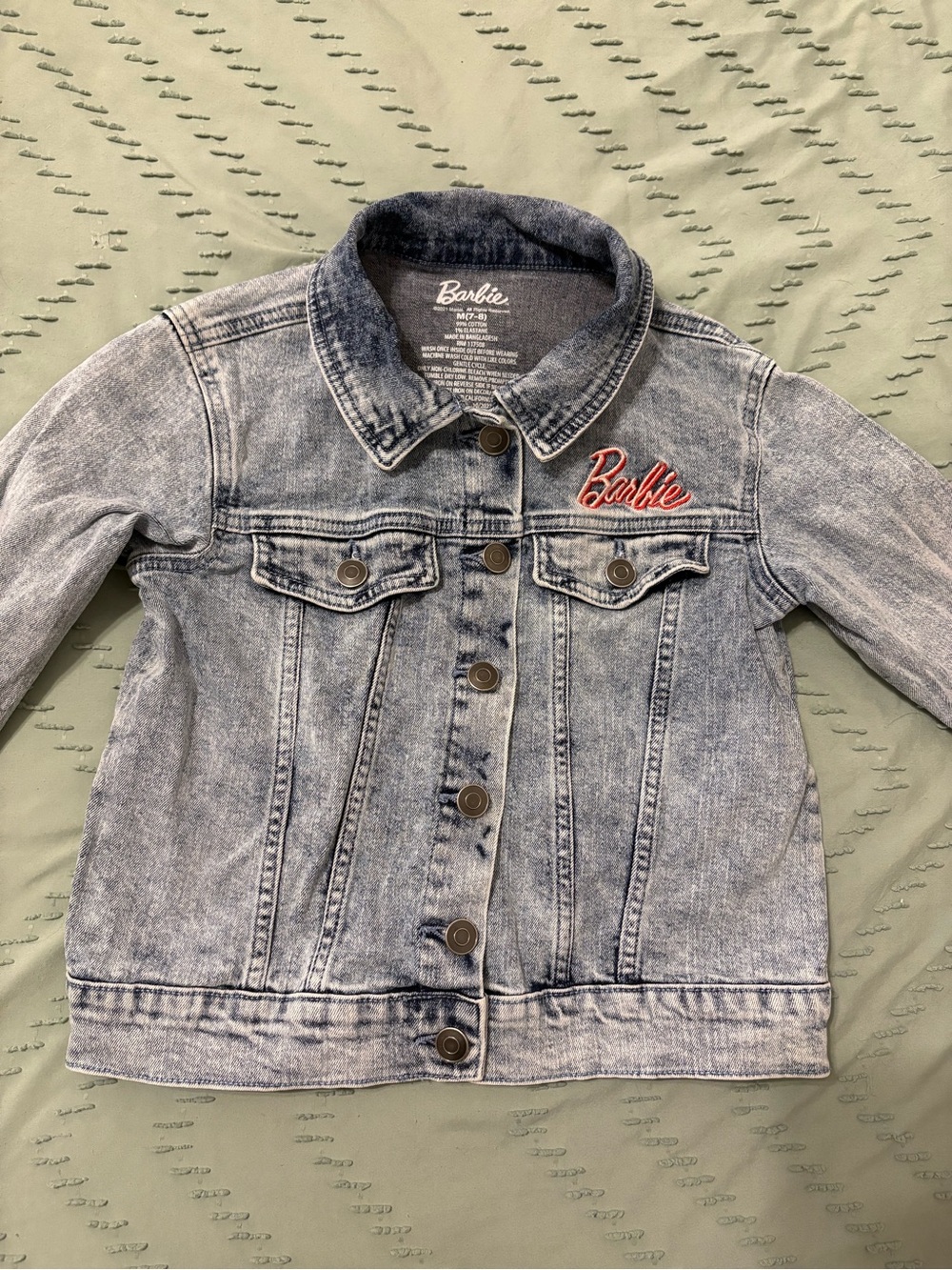 Kids Barbie Light Wash Denim Jacket with Pink Script Logo